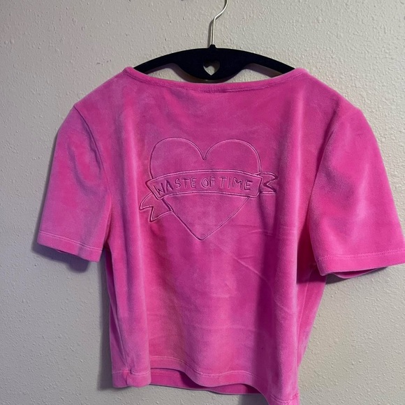 Lazy Oaf Waste of Time pink velour lounge top button cozy crop shirt RARE lolita - Picture 3 of 8